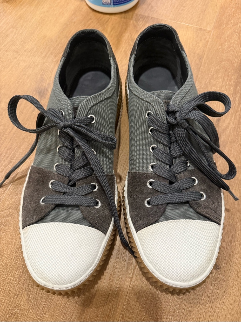 Prada Men's Gray Canvas & Suede Lace-Up Sneakers with White Toecap